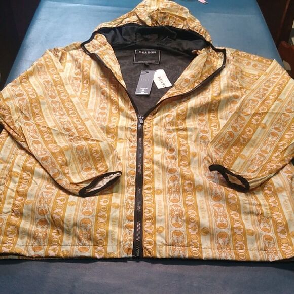 Reason Brand Gold Green Pink and Black Patterned Windbreaker/Rain Coat Jacket - Picture 1 of 6